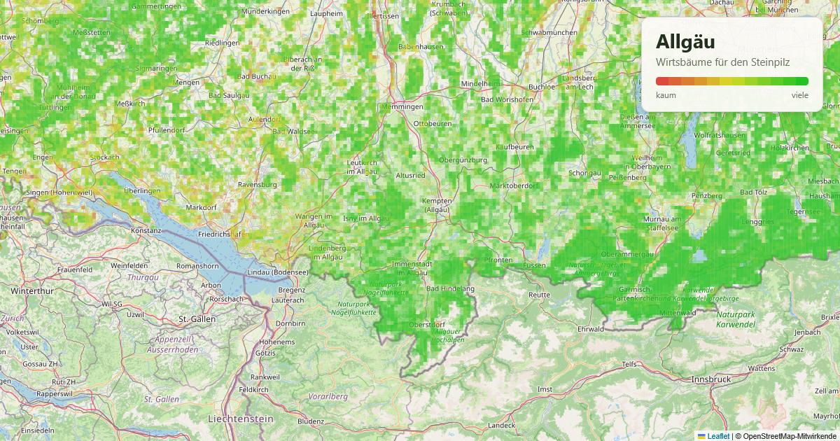 Karte: Wirtsbäume für den Steinpilz im Allgäu