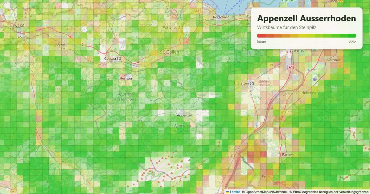 Karte: Wirtsbäume für den Steinpilz in Appenzell Ausserrhoden