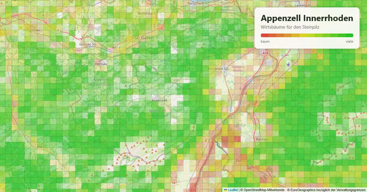 Karte: Wirtsbäume für den Steinpilz in Appenzell Innerrhoden