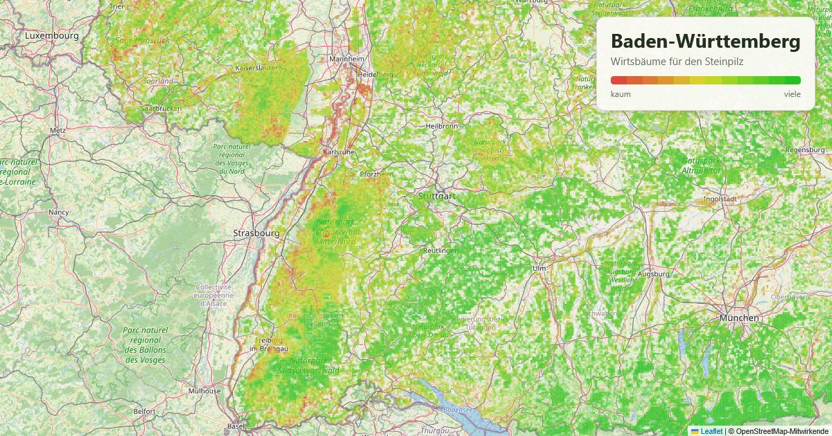 Karte: Wirtsbäume für den Steinpilz in Baden-Württemberg