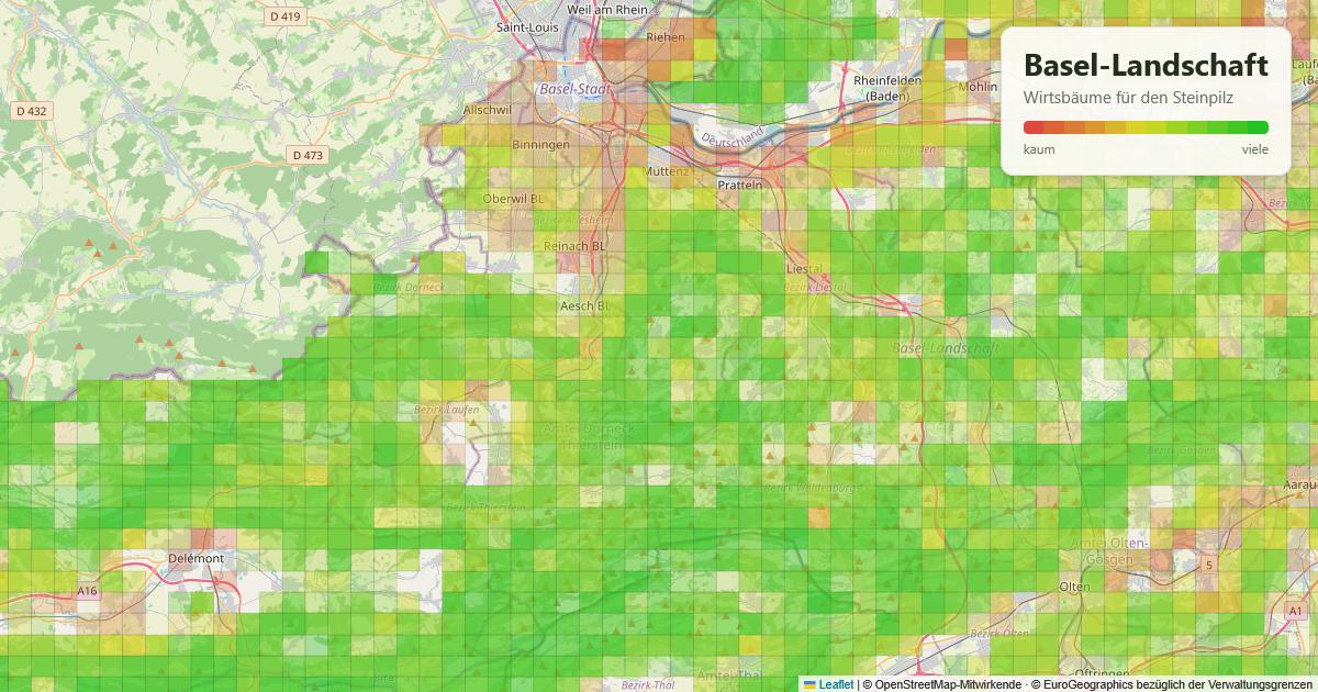Karte: Wirtsbäume für den Steinpilz im Baselbiet