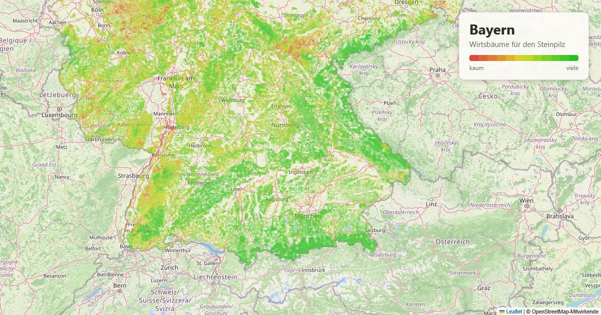 Karte: Wirtsbäume für den Steinpilz in Bayern