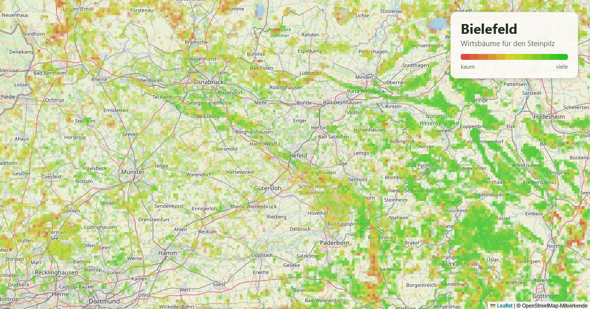 Karte: Wirtsbäume für den Steinpilz rund um Bielefeld