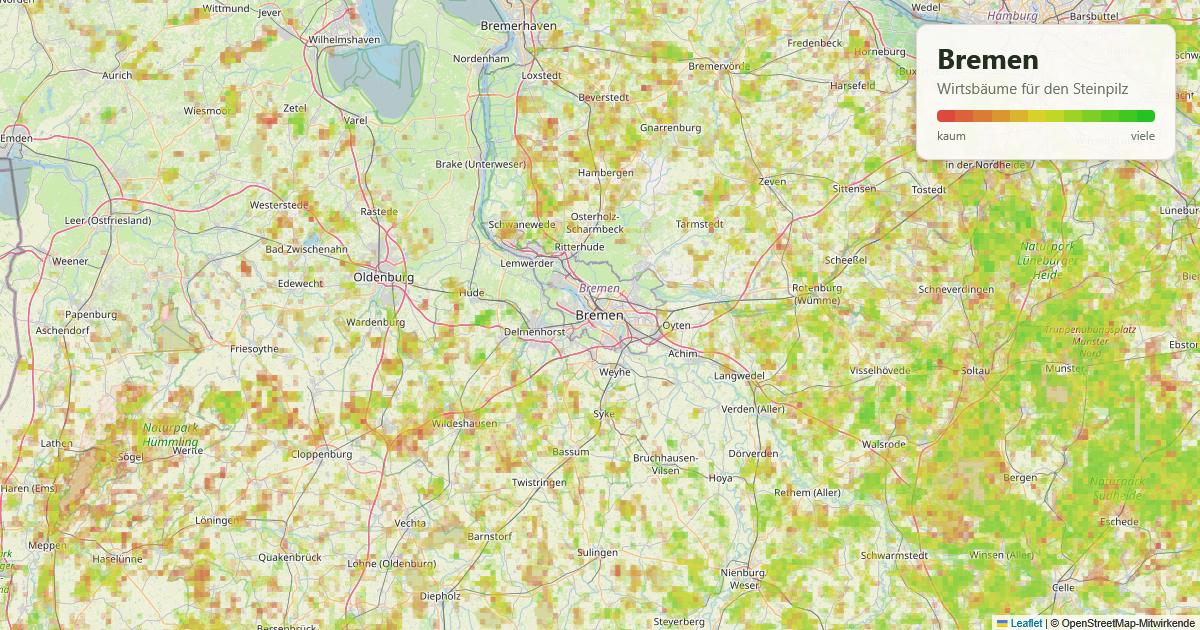 Karte: Wirtsbäume für den Steinpilz in und um Bremen