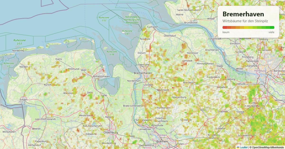 Karte: Wirtsbäume für den Steinpilz rund um Bremerhaven