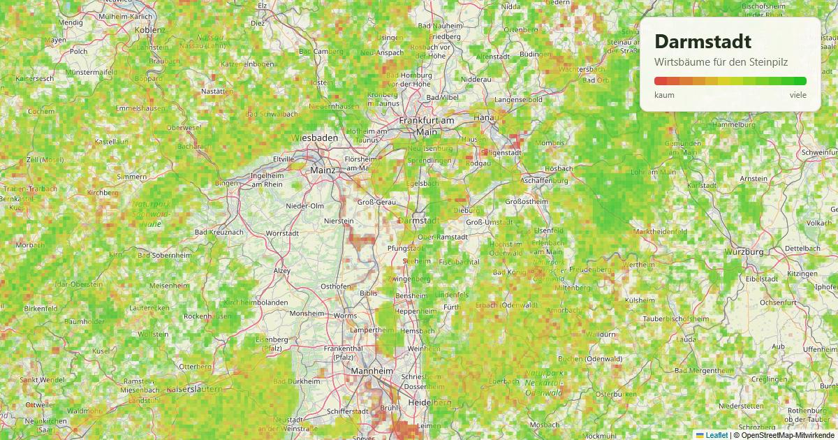 Karte: Wirtsbäume für den Steinpilz rund um Darmstadt