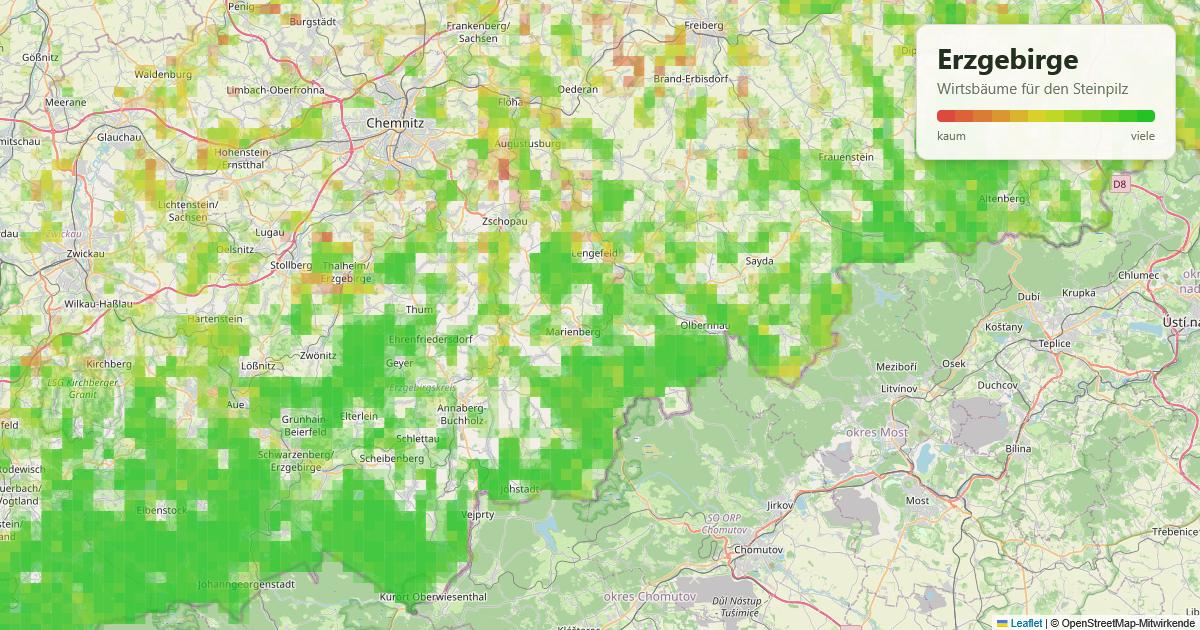 Karte: Wirtsbäume für den Steinpilz im Erzgebirge