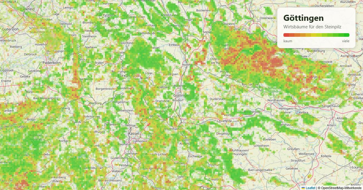 Karte: Wirtsbäume für den Steinpilz rund um Göttingen