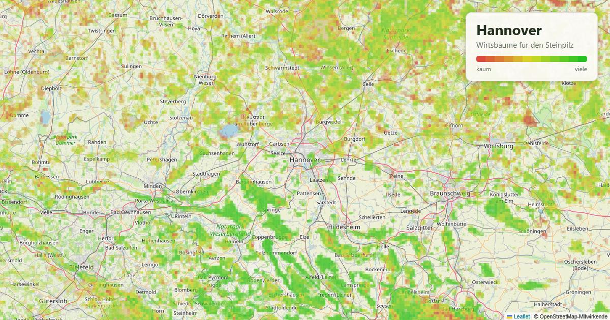 Karte: Wirtsbäume für den Steinpilz rund um Hannover