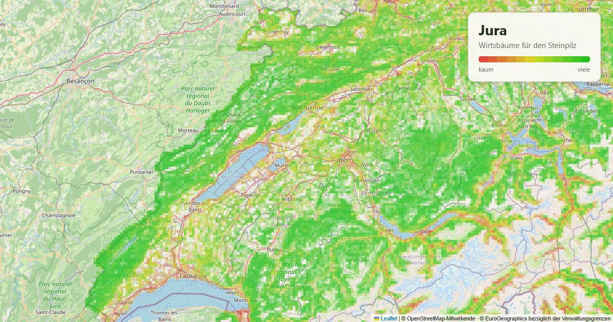 Karte: Wirtsbäume für den Steinpilz im Jura