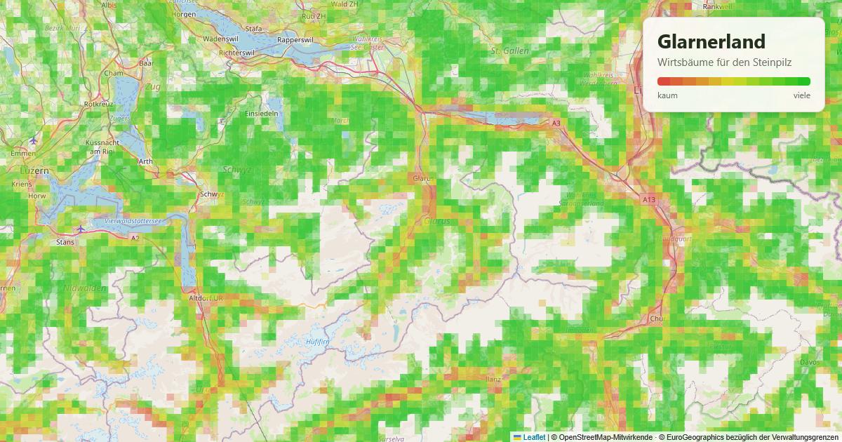 Karte: Wirtsbäume für den Steinpilz im Glarnerland