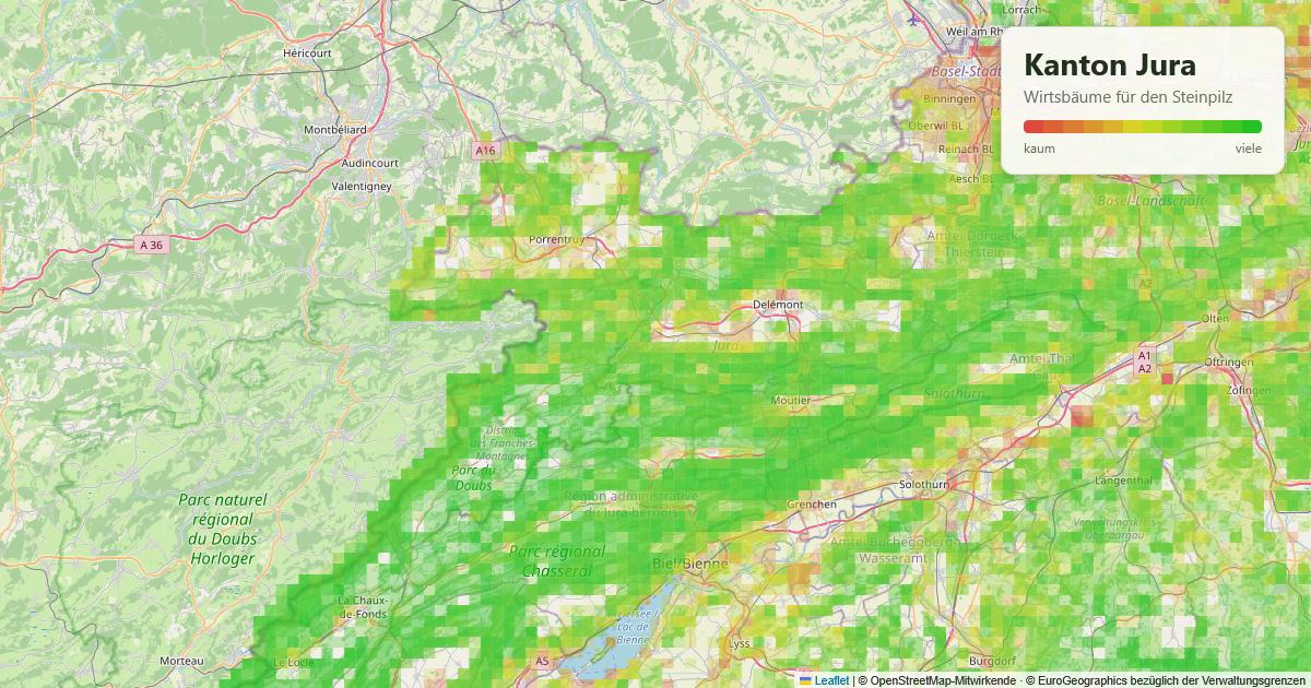 Karte: Wirtsbäume für den Steinpilz im Kanton Jura