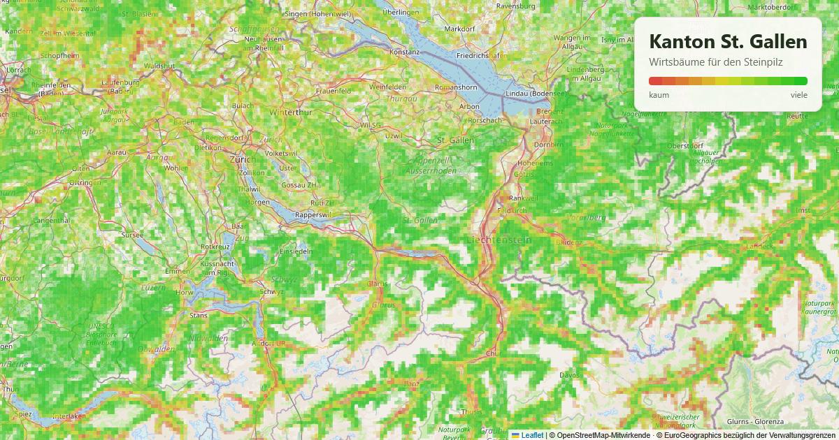 Karte: Wirtsbäume für den Steinpilz im Kanton St. Gallen
