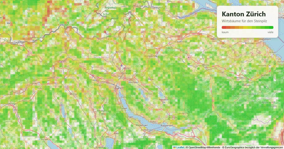 Karte: Wirtsbäume für den Steinpilz im Kanton Zürich