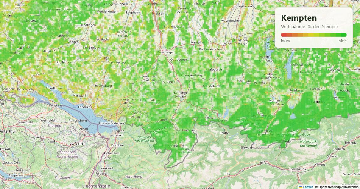 Karte: Wirtsbäume für den Steinpilz rund um Kempten