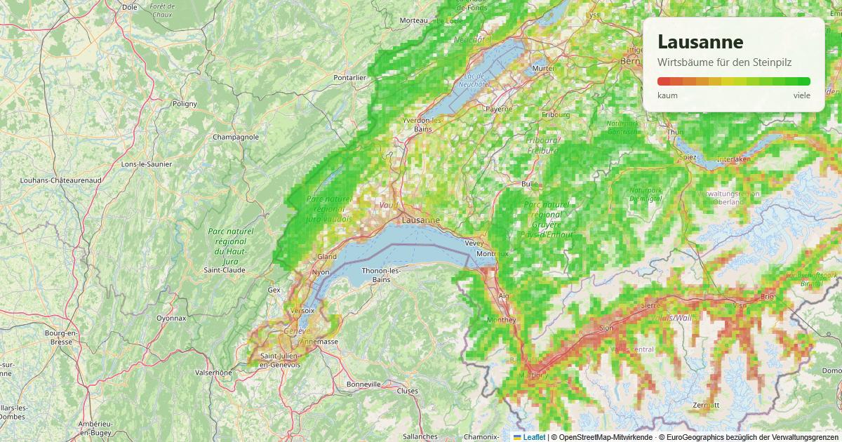 Karte: Wirtsbäume für den Steinpilz rund um Lausanne