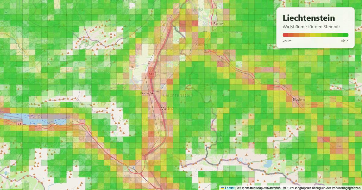 Karte: Wirtsbäume für den Steinpilz in Liechtenstein