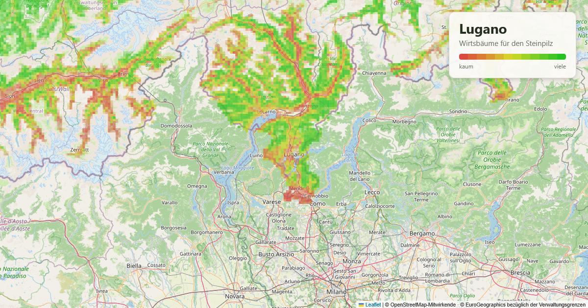 Karte: Wirtsbäume für den Steinpilz rund um Lugano