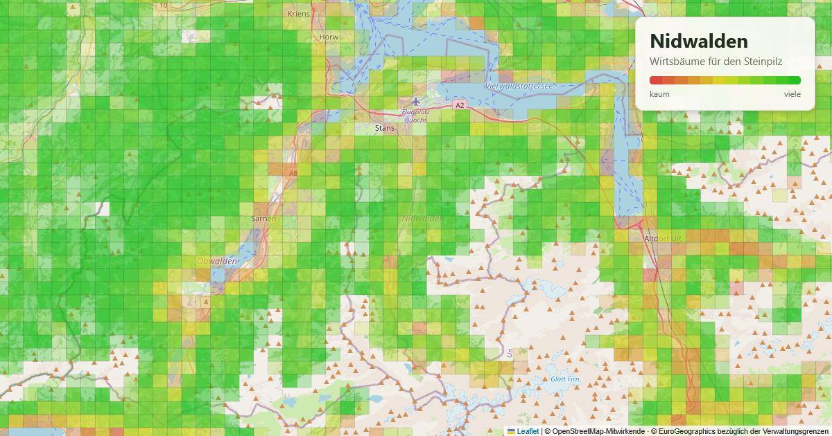 Karte: Wirtsbäume für den Steinpilz in Nidwalden