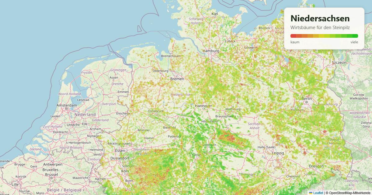 Karte: Wirtsbäume für den Steinpilz in Niedersachsen
