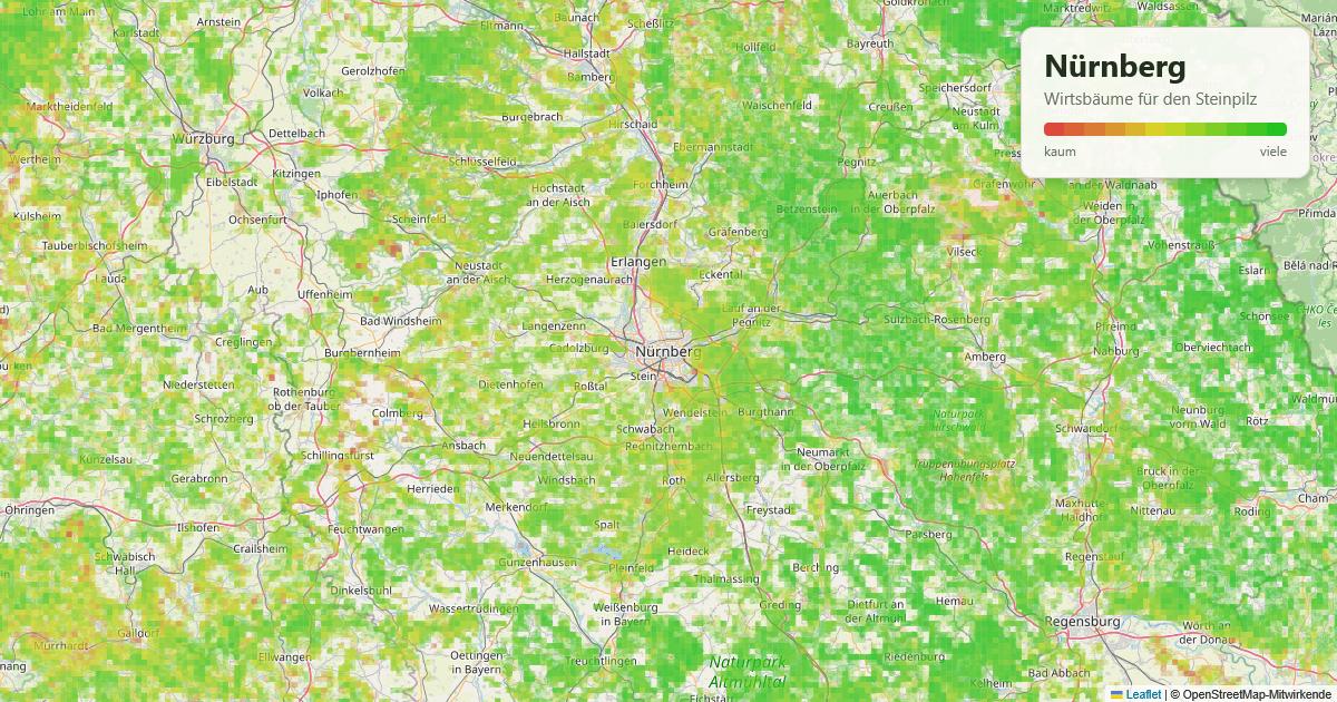 Karte: Wirtsbäume für den Steinpilz rund um Nürnberg