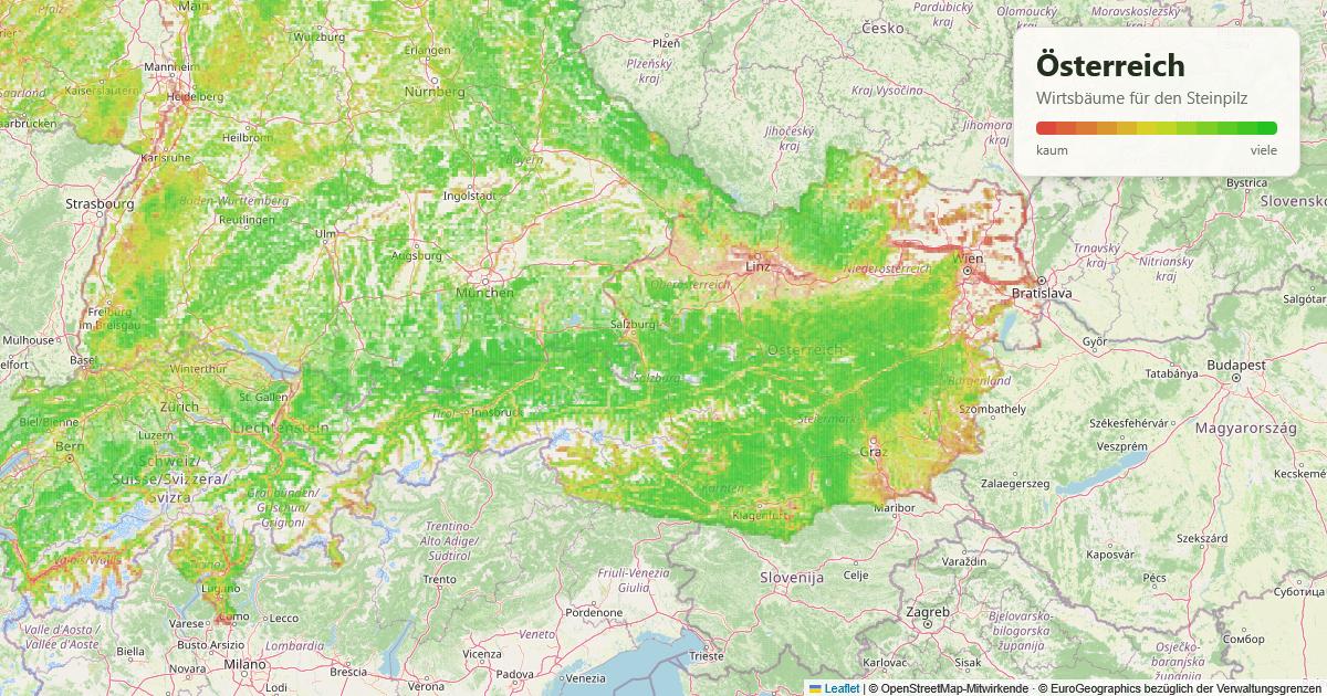 Karte: Wirtsbäume für den Steinpilz in Österreich