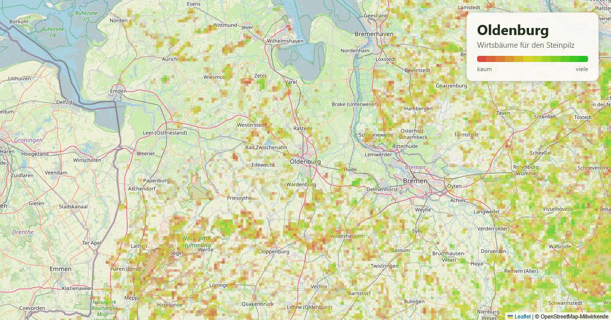 Karte: Wirtsbäume für den Steinpilz rund um Oldenburg
