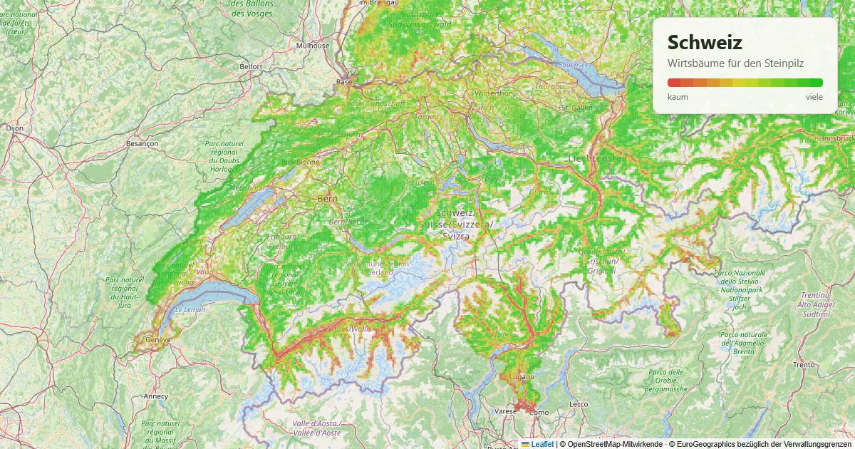 Karte: Wirtsbäume für den Steinpilz in der Schweiz