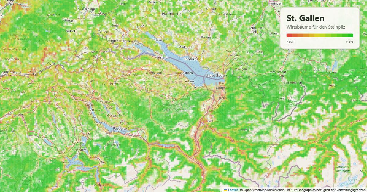 Karte: Wirtsbäume für den Steinpilz rund um St. Gallen