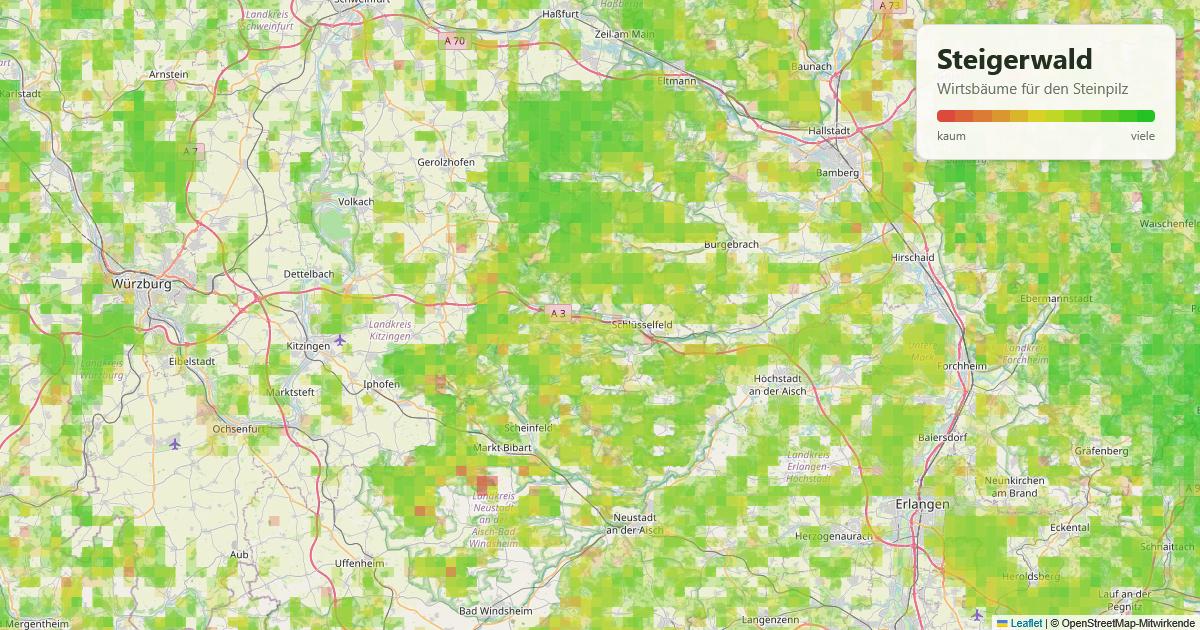 Karte: Wirtsbäume für den Steinpilz im Steigerwald