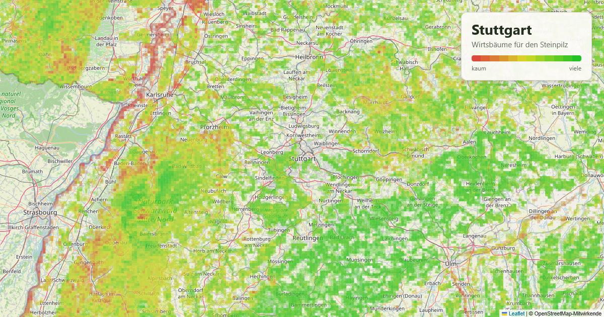 Karte: Wirtsbäume für den Steinpilz rund um Stuttgart