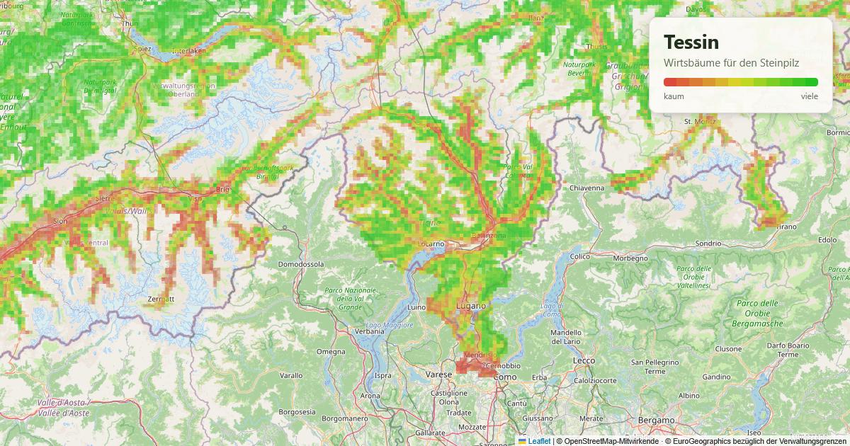 Karte: Wirtsbäume für den Steinpilz im Tessin