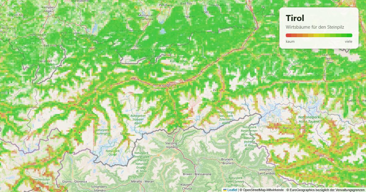 Karte: Wirtsbäume für den Steinpilz in Tirol