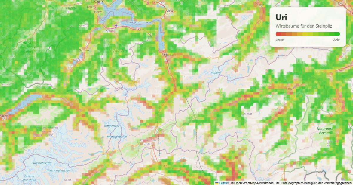 Karte: Wirtsbäume für den Steinpilz in Uri