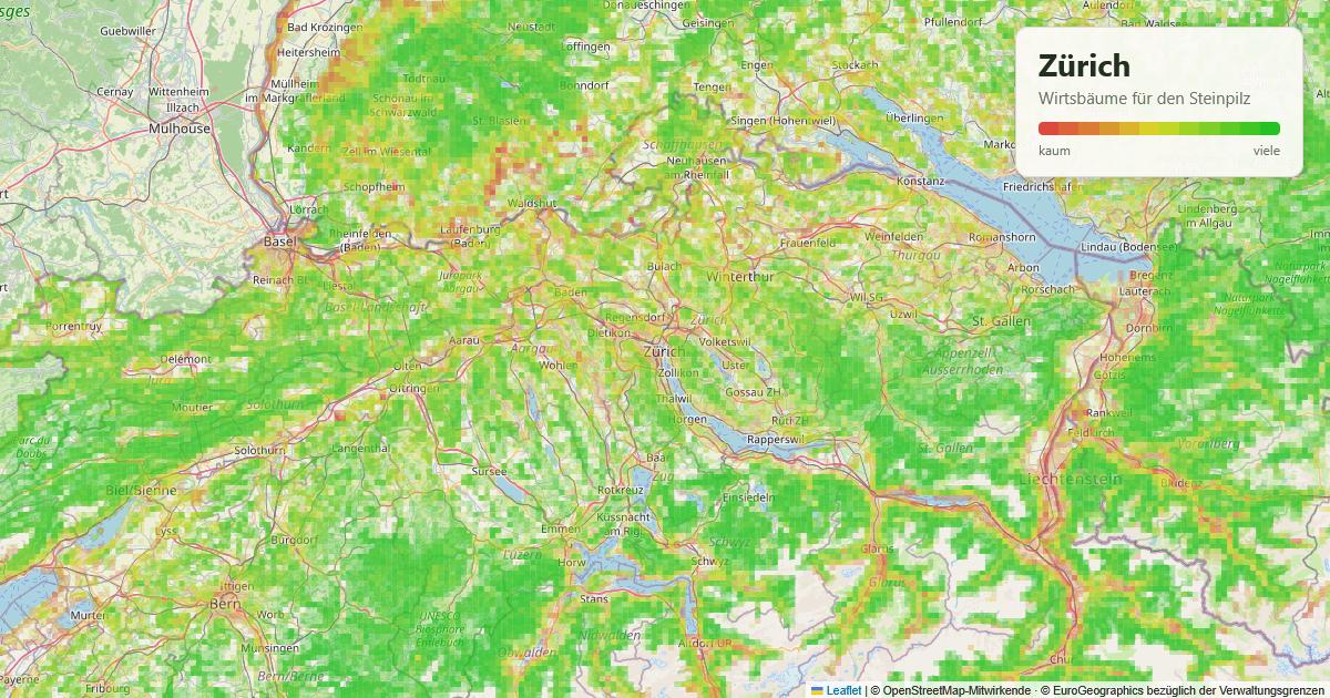 Karte: Wirtsbäume für den Steinpilz rund um Zürich