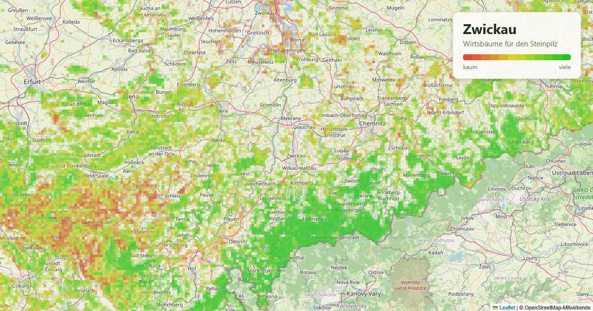 Karte: Wirtsbäume für den Steinpilz rund um Zwickau